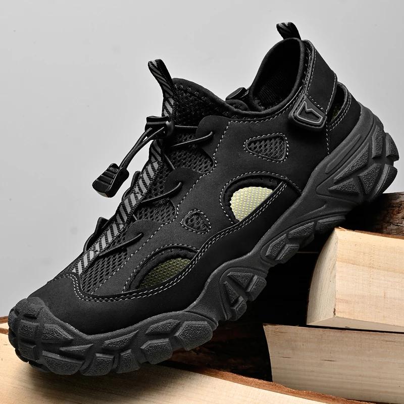 Mesh Men's Sandals Stylish Summer New Outdoor Flats Non-Slip Travel Beach Shoes Daily Walking Shoes Wading Aqua Shoes