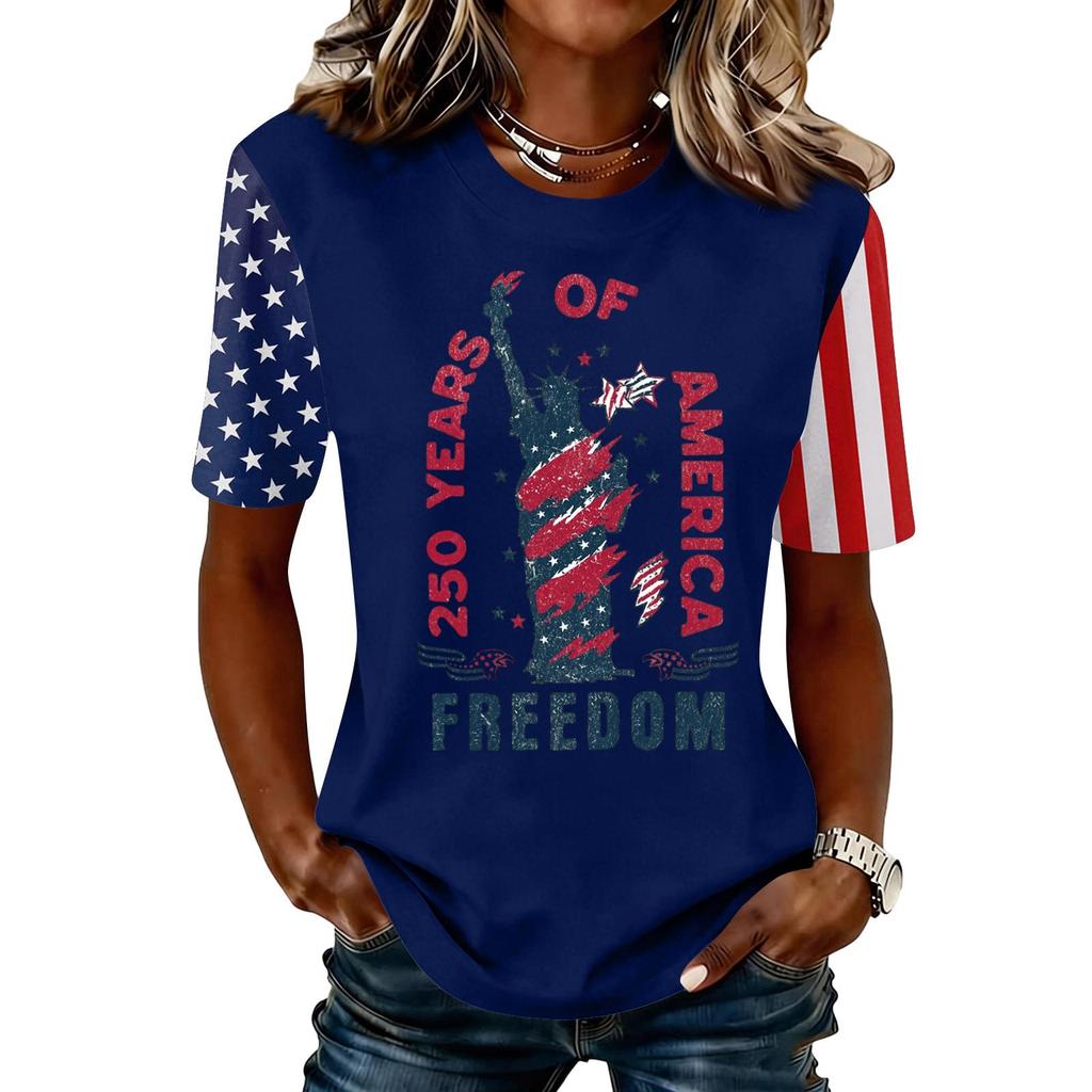 Blusa Feminina da Moda Casual de Manga Curta com Estampa e Gola Redonda