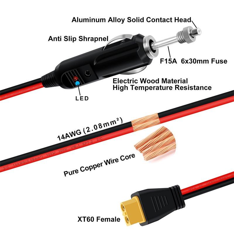Supply 12-24V Car Mounted Switch Cigarette Lighter with XT60 Wiring Harness, High-power Cigarette Lighter with Switch Extension Cable