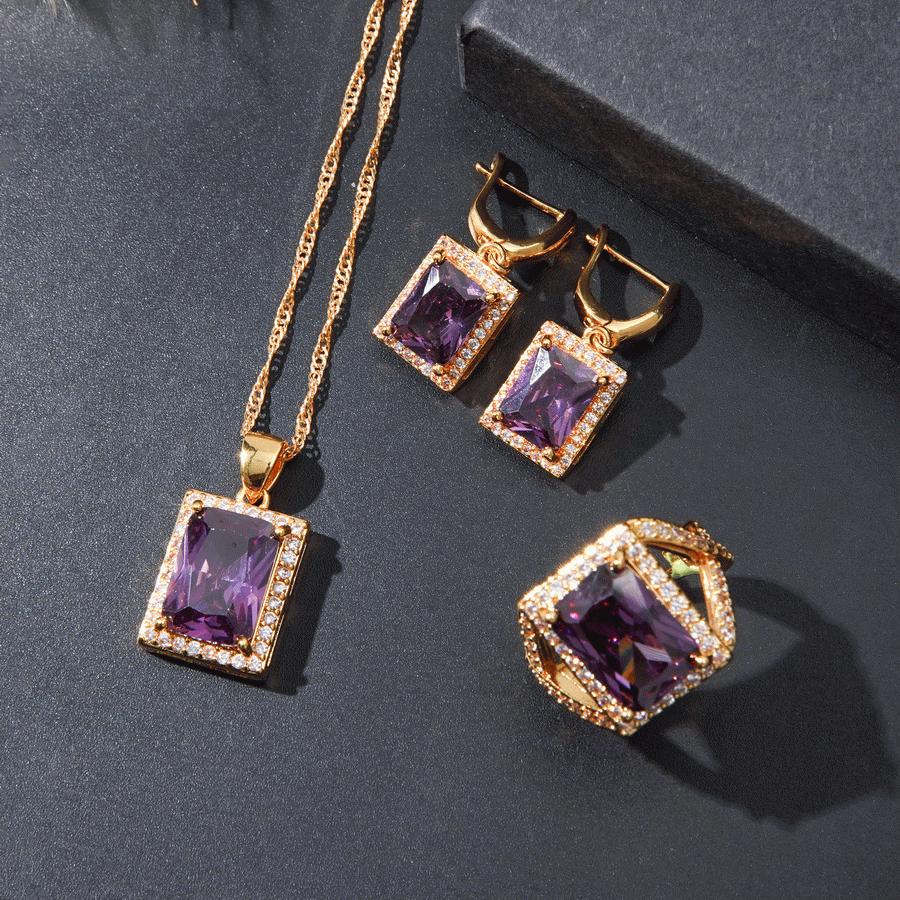 

Класичний жіночий квадратний фіолетовий цирконієвий набір ювелірних виробів, відкрита каблучка, сережки, підвіска, набір намиста, весільний подарунок для нареченої та подружки нареченої resizable