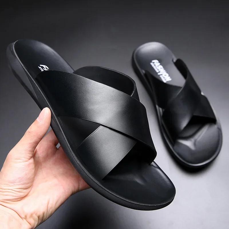 Fashion Fashion Men's Sandals Solid Color Open Toe Mens Leather Sandals  New Slippers Beach for Male Leather Footwear Pantuflas
