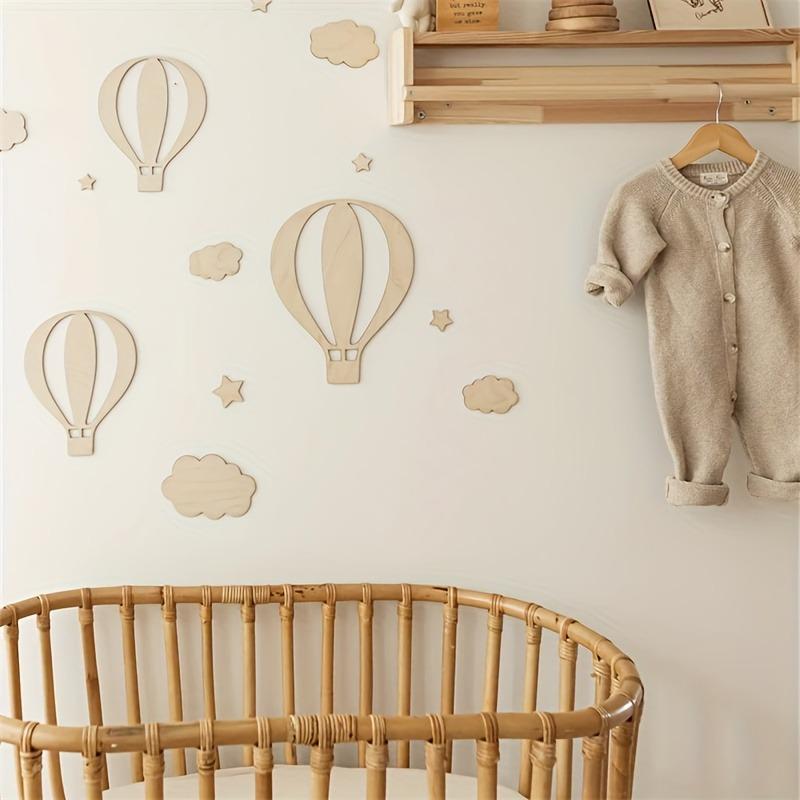 13pcs Nordic Wooden Wall Decals Set Featuring Hot Air Balloon Clouds and Stars for Home Bedroom Cottage Decor DIY Room Banners
