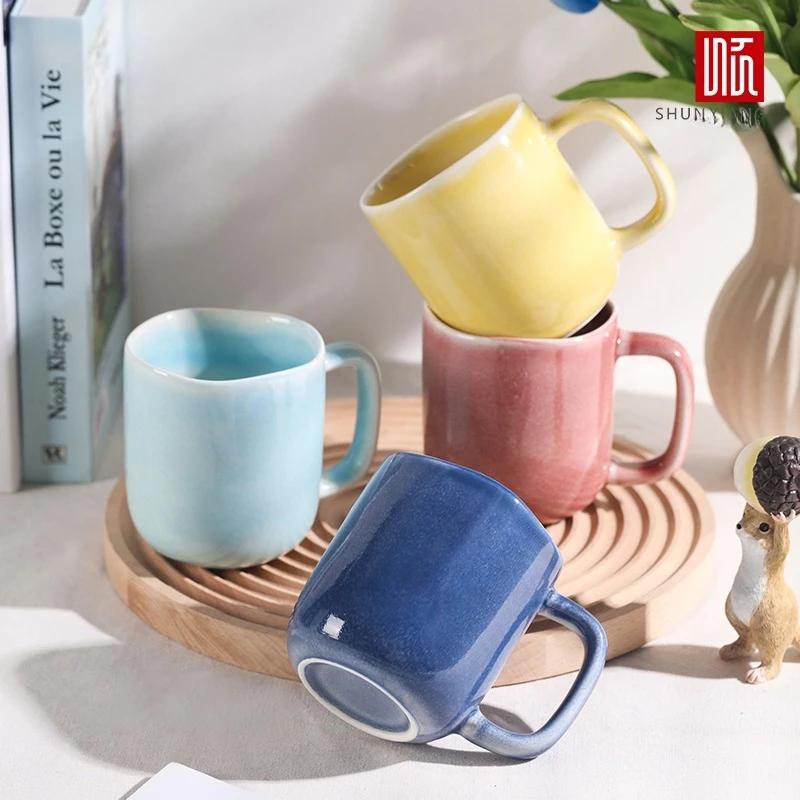Shunxiang Ceramic Coffee Mugs with Handle Ceramic Glaze Solid Color Mug Irregular Cup Mouth Home Breakfast Oat Water Cup Gifts