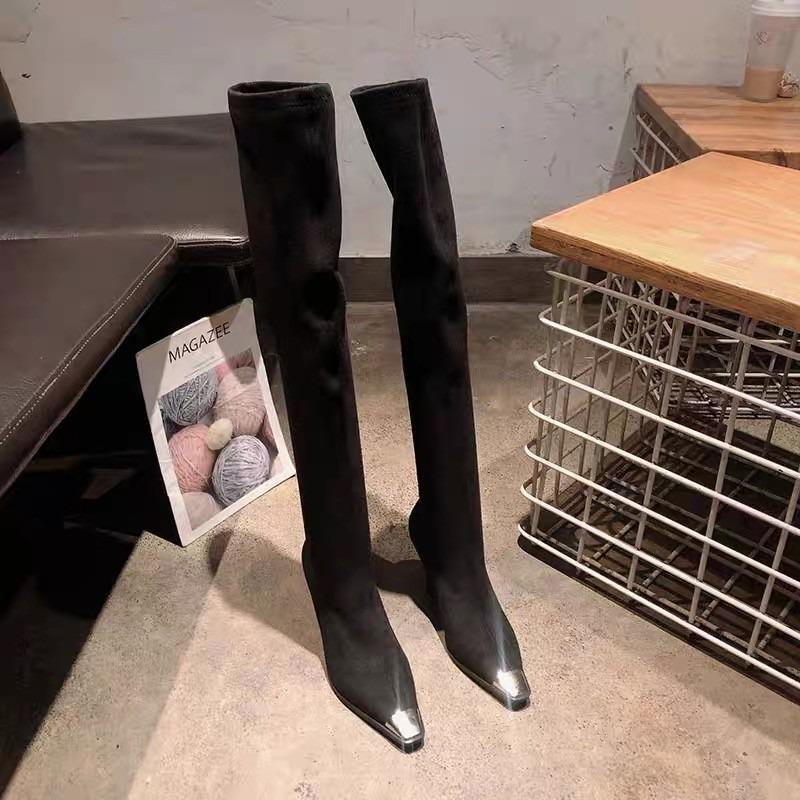 

French High Heel Over The Knee Boots Women s Fall/Winter 2026 New Metal Square Toe Slim Heel Suede Long Thin Boots 35 чёрный