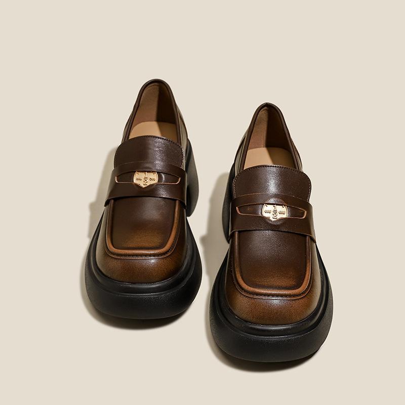 

Версія з коров ячої шкіри Платформа На високих підборах Шкіряні Маленькі шкіряні туфлі Жіночі Британські Чорні Мафіни на товстих підборах Універсальні лофери 35 коричневий