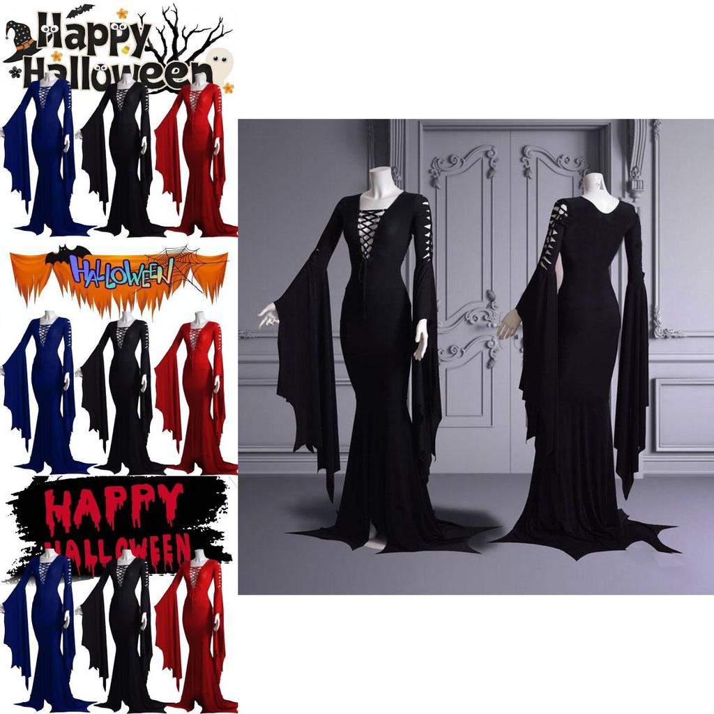 Trendy New Halloween Sexy V Neck Dress With Flare Sleeves Available In Red Black And Blue Sizes S To 5xl For A Chic Retro Look