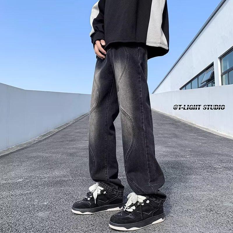 Guochao American Vibe Pants High Street Washed Old Black and Gray Jeans Men's Loose Straight Drape Wide-leg Pants