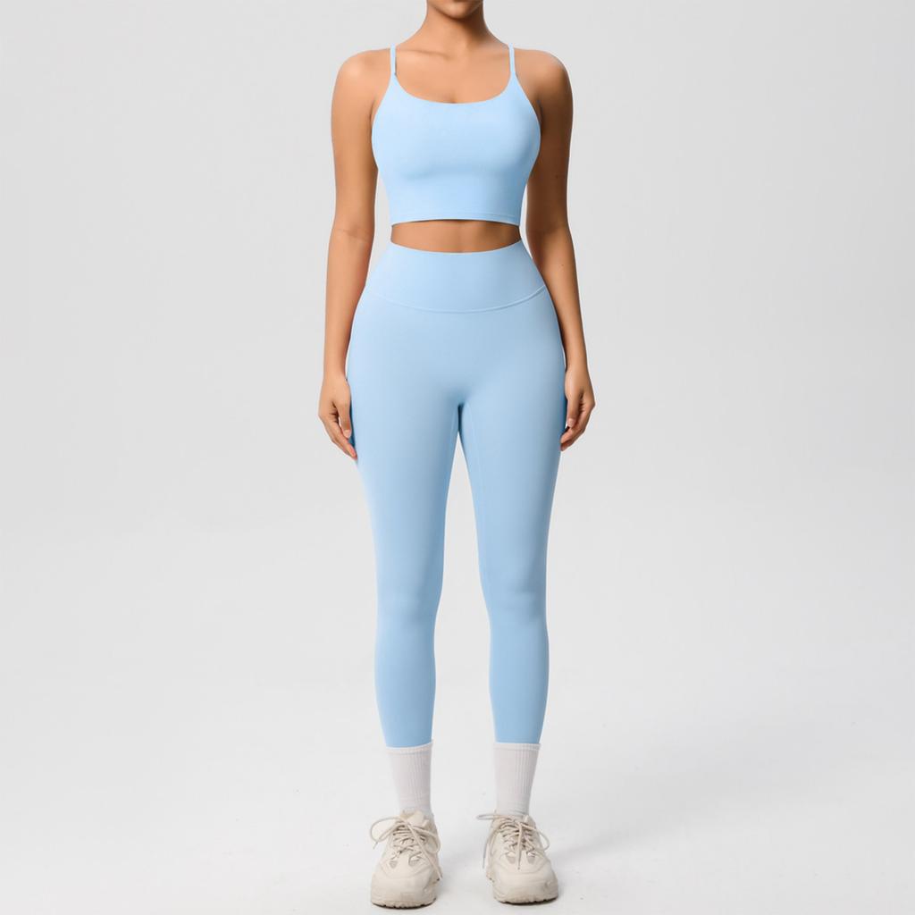 Women's Fashion Solid Color Back Top Tight Breathable Yoga Suit Set Sports Running Fitness Pants Two Piece Set