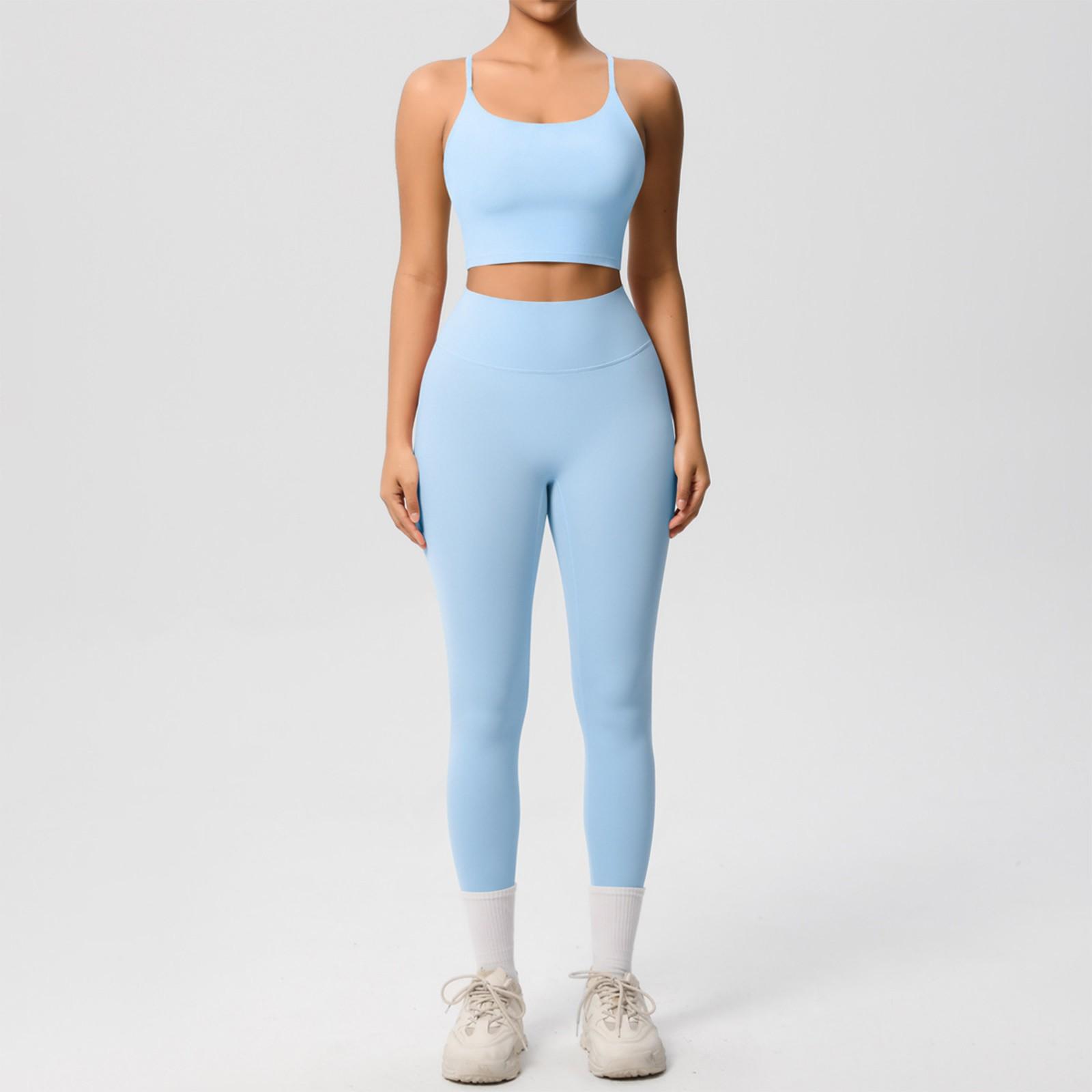 

Женская мода однотонный топ с открытой спиной облегающий дышащий комплект для йоги спортивные штаны для бега фитнеса комплект из двух предметов XL небесно-голубой