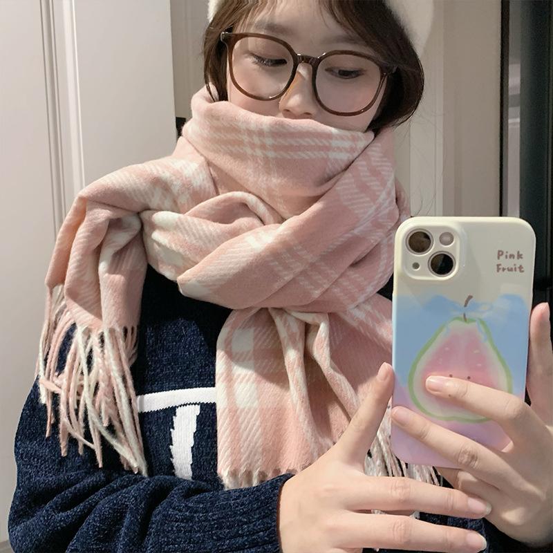Korean Atmosphere Scarf Women's Winter Imitation Cashmere Plaid Warm Scarf Thickened Student New