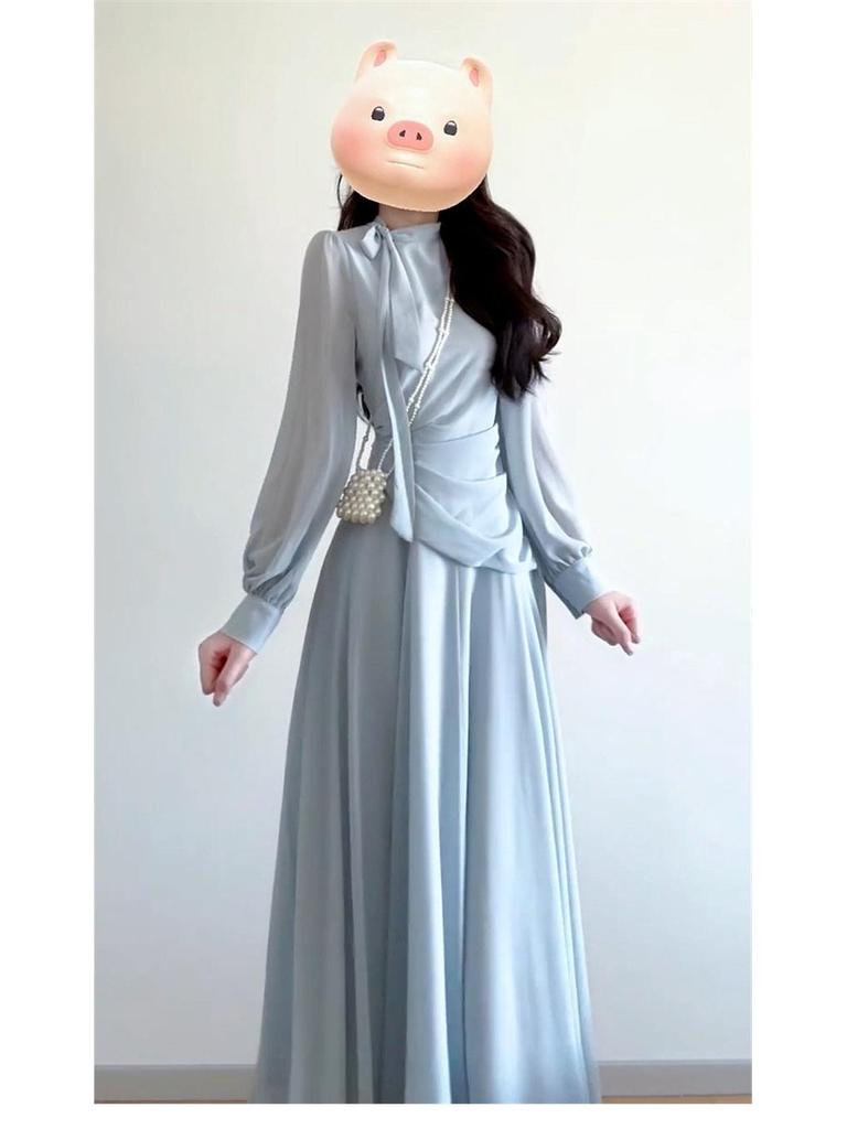 Early Autumn New Chinese Zen Blue Long-Sleeved Dress Set