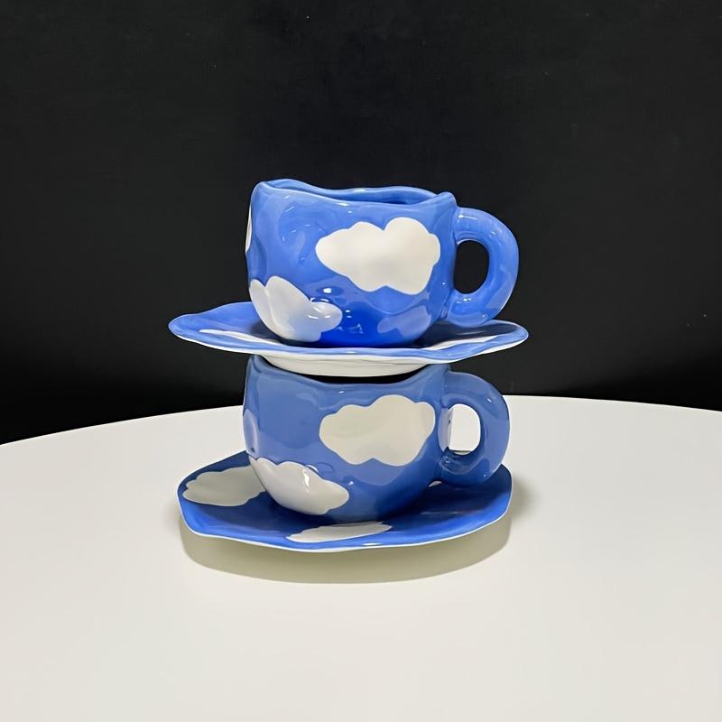 Reusable Ceramic Coffee Cup, Saucer Set with Blue Sky and White Cloud Design, Perfect for Breakfast and Afternoon Tea, Hand Wash Only