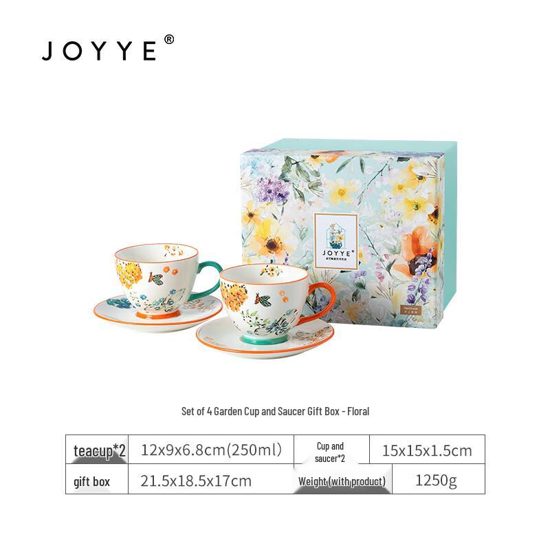 JOYYE Floral Garden Ceramic Cup and Saucer Set of 4