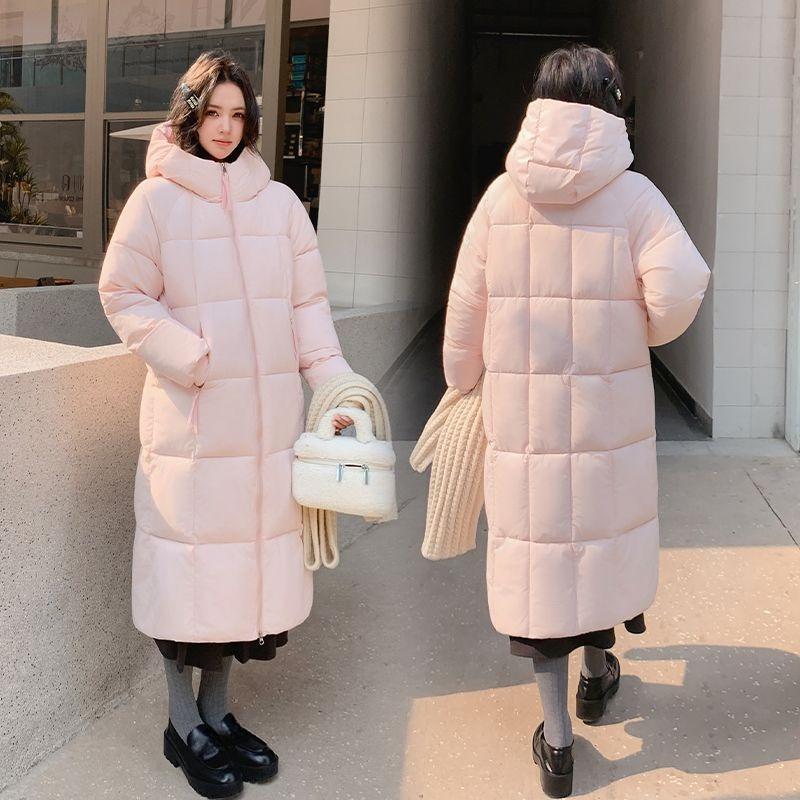 Winter Hooded Long Coat Thickened Loose Cotton Jacket for Women Students Knee Length Warm Outwear