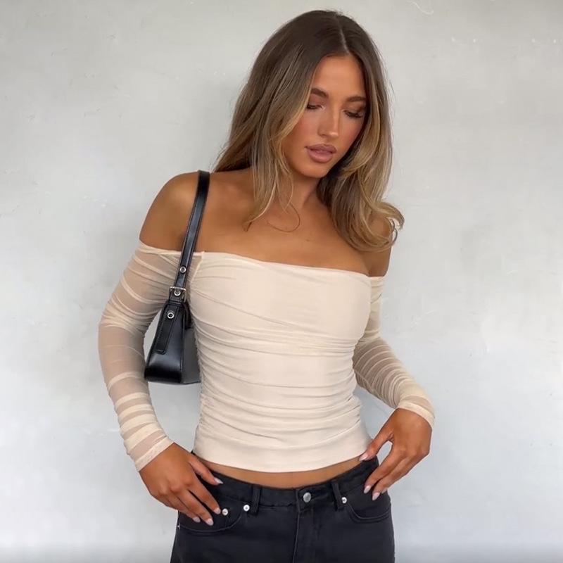 Women s Solid Color Mesh Long Sleeve Off-Shoulder Crop Top Small телесный