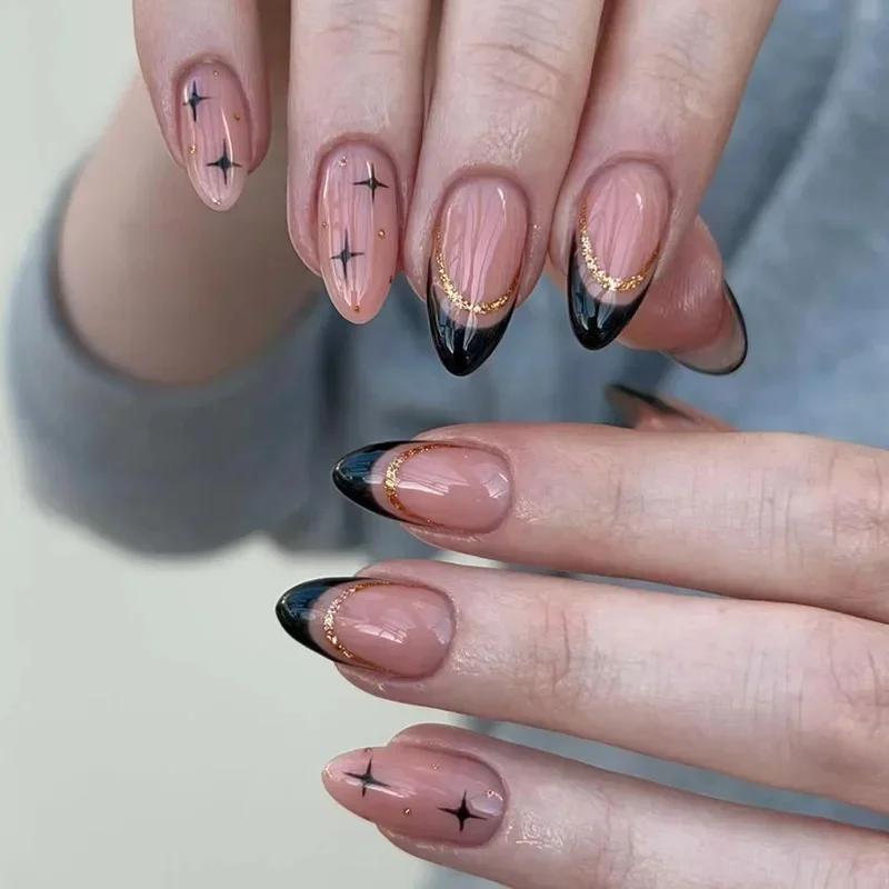 24Pcs French Green Short Almond Fake Nails With Wave Line Design Round Head Press On Nail Tips