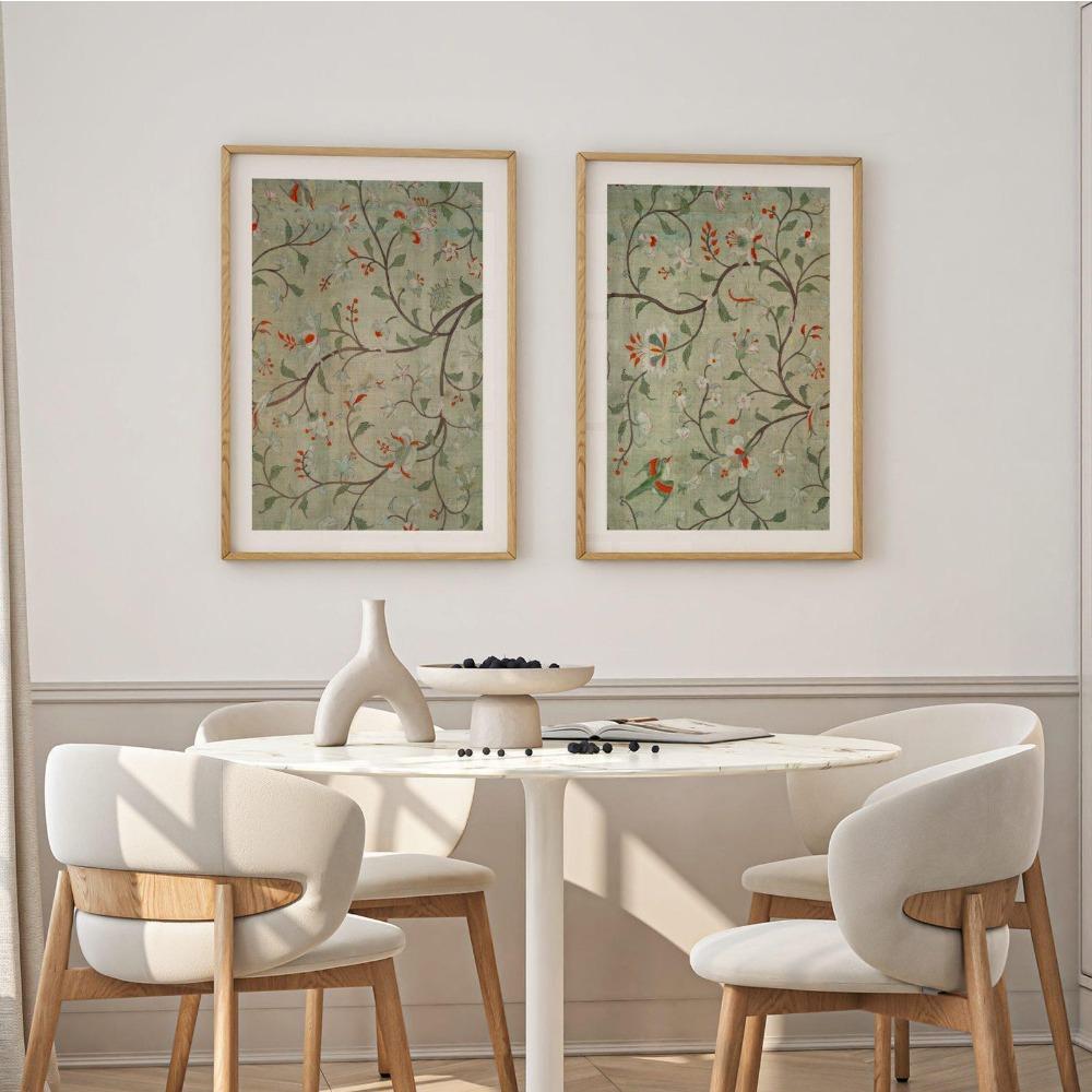 2pcs Frameless Medieval Textile Prints, Antique Bird Wall Art, Green Poster Wallpaper Art, Living Room Bedroom Wall Decoration