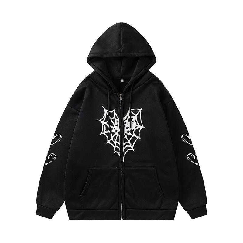 Cross-border Spider Web Heart Print Fleece-Lined Hooded Cardigan