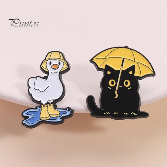 Colorful Enamel Jewelry Brooch, Rainy Day Animal Pin, Black Cat Umbrella Duck Treading Water Rain Accessories Badge, Vivid Expressions Stable