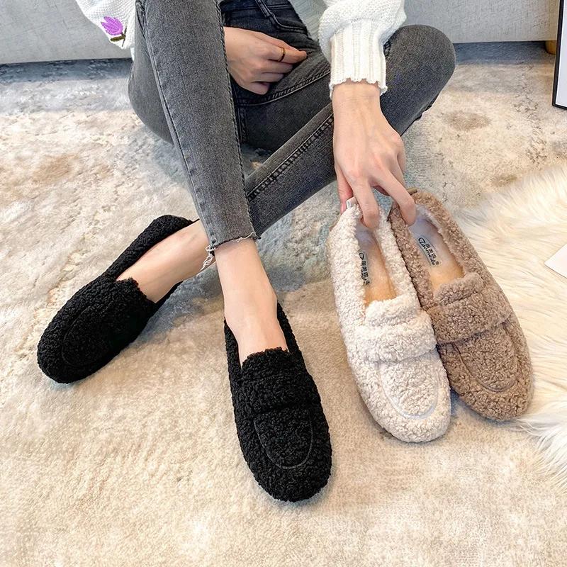 Fashion Lambwool Moccasins Femme Curly Sheep Fur Flats Woman Warm Plush Loafers Winter Cotton Shoes Women Furry Snow Boot