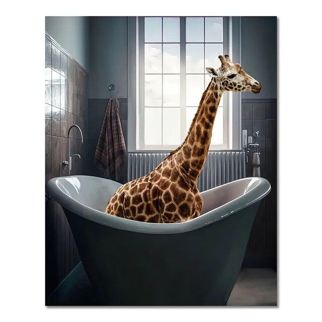 Funny Animal In Bathroom Poster Giraffe Elephant Orangutan Zebra Sitting In Bathtub Canvas Painting Toilet Wall Art Pictures No Frame