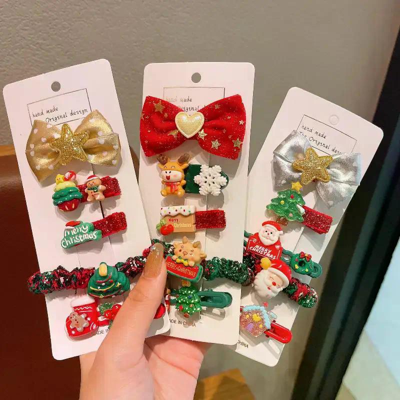Christmas Special 5Pcs/Set Hair Accessories, Featuring Santa, Snowman, Elk Clips & Ties for Children