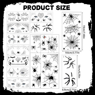 15 Sheets Halloween Face Eye Shadow Temporary Tattoos Spider Web Bat Eyeshadow Eyeliner Tattoo Stickers Makeup Kit for Women Girls Halloween