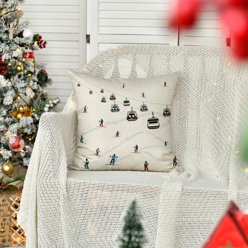 AVOIN colorlife Winter Skiers Cable Cars Snow Throw Pillow Cover, 18 x 18 Inch Seasonal Holiday Cushion Case Decoration for Sofa Couch