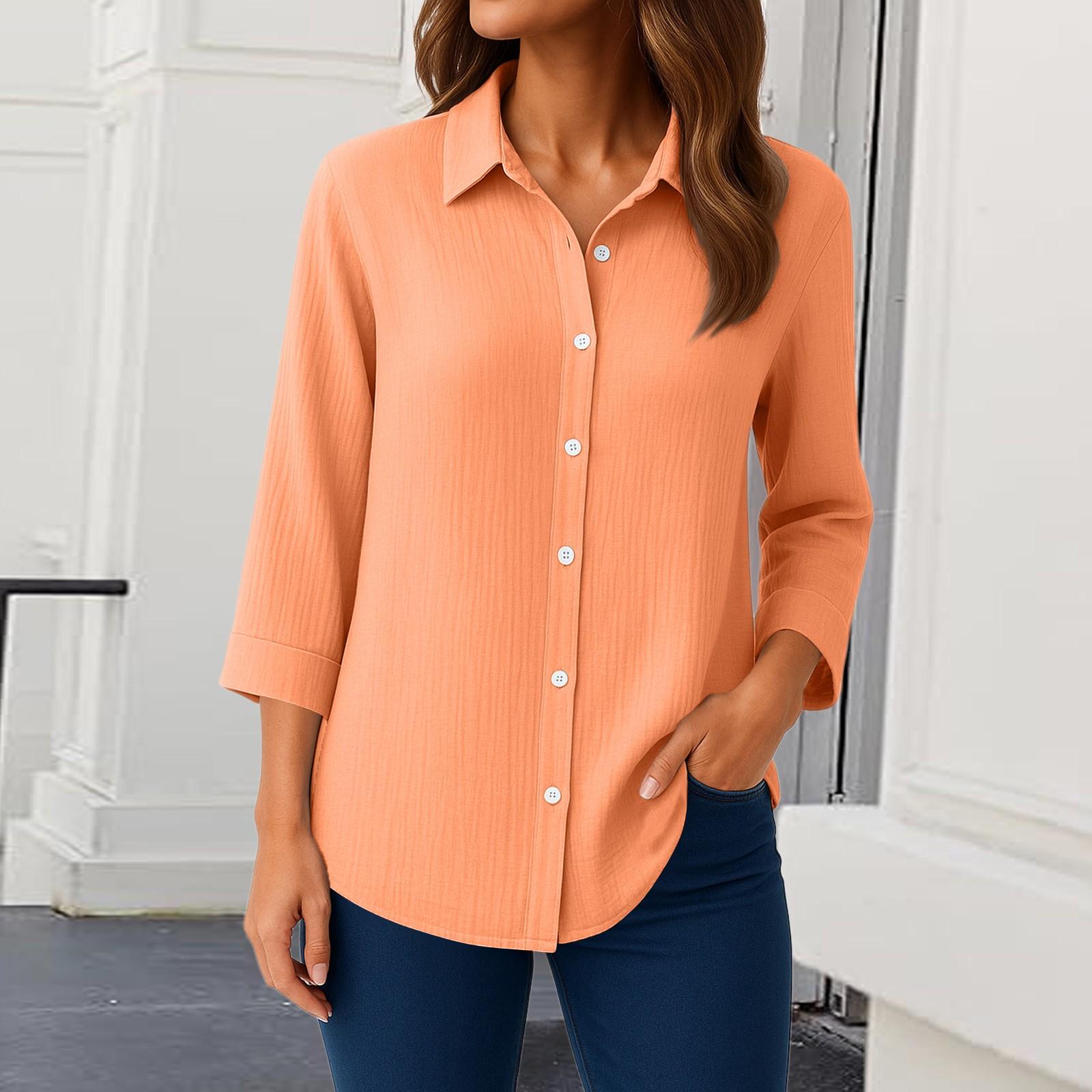 

Женские рубашки на пуговицах с рукавом 3/4, повседневная рубашка с воротником, свободные блузки, однотонные топы с карманом XL