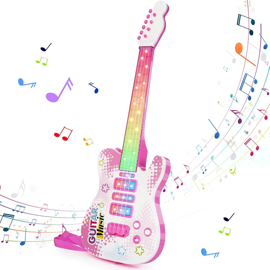 Kids Pink Guitar Toy for 3 Year Old Girls Birthday Gift Toddler Toy Ages 2-4 Electric Guitars with 4 Strings Light Up Music Toys for 3 4 5 Year Old