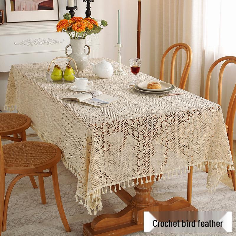 American Retro Beige Crochet Tablecloth - Knitted Non-Slip Hollow Design