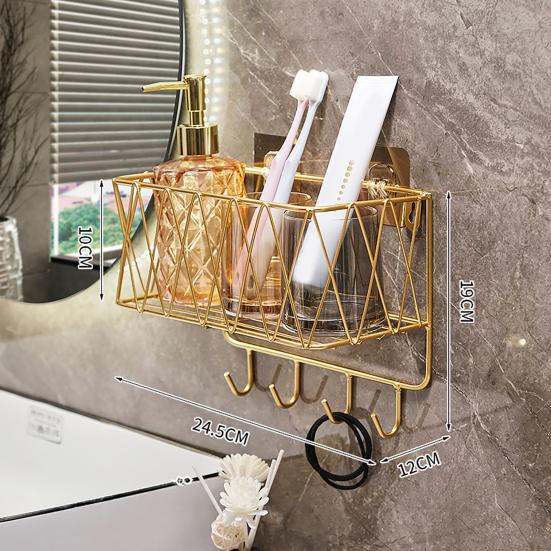 Bathroom Storage Rack with Hollow And Multi-Hook Design Basket Large Capacity Adhesive Installation Organizer for Home