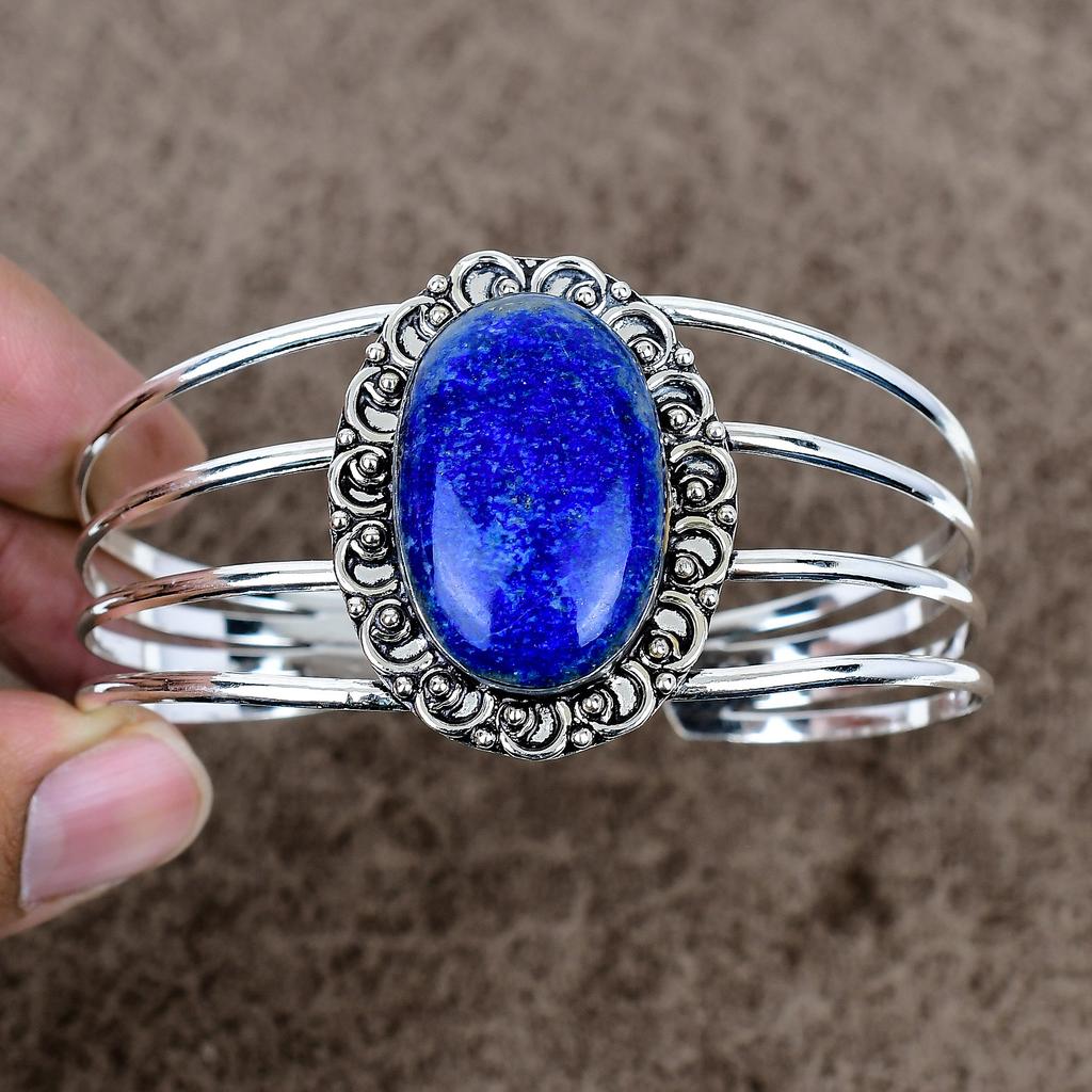 Lapis Lazuli Gemstone Handmade 925 Sterling Silver Cuff Bangle Adjustable KKG-1052