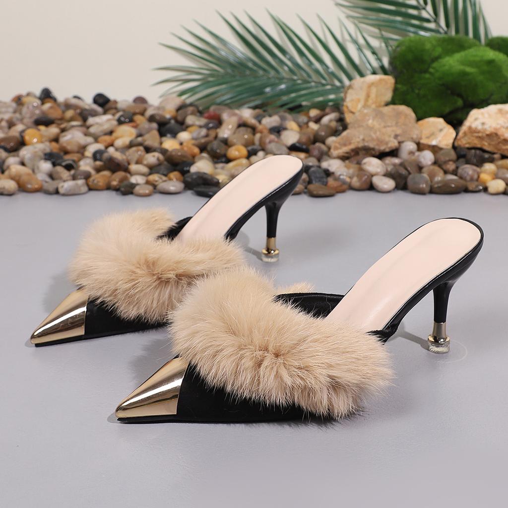 Women's Plush Mules High Heels  Metal Decoration, Pointed Toe Stiletto Sandals, Patent Leather Slippers, Fur Decoration, Sexy