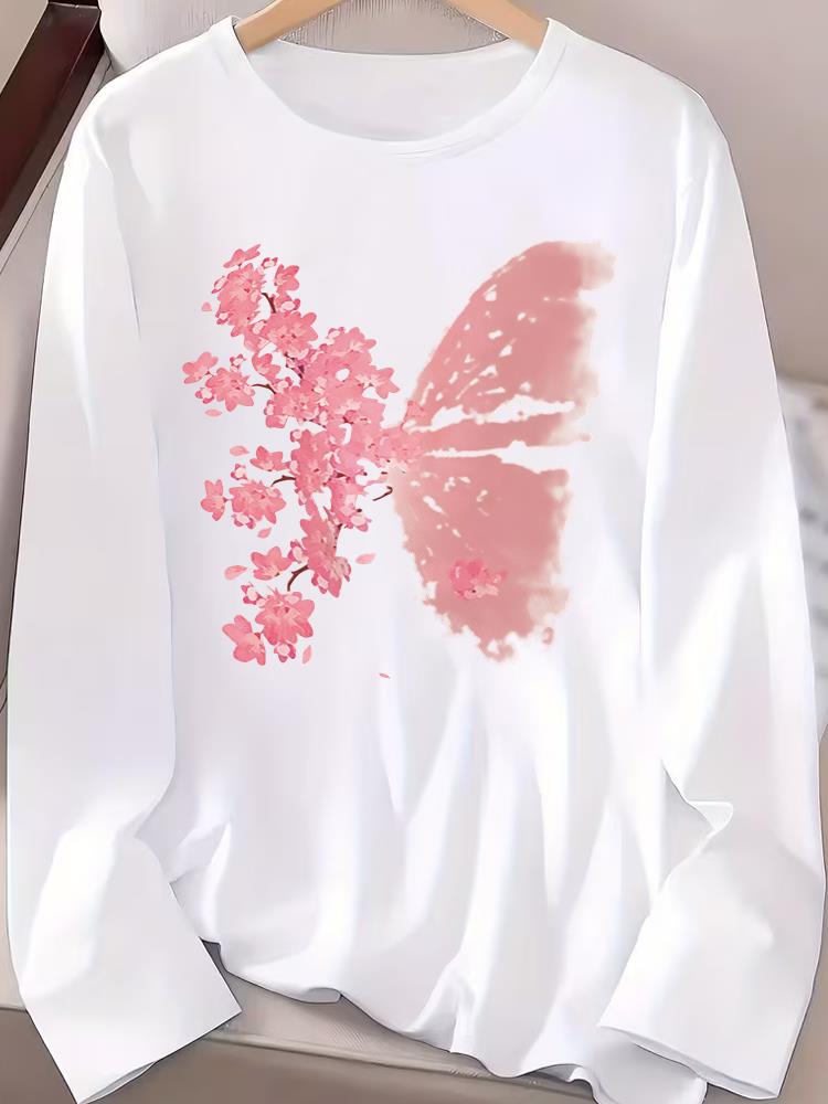 (Asian Size) Trend Butterfly Cute Tee Print T Shirt Women Clothing Autumn Winter Spring Casual Fashion Top O-neck Graphic Long Sleeve T-shirts