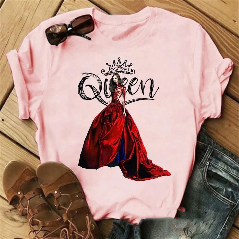 Pink Crown Queen Print Women T Shirt Short Sleeve O Neck Loose Women Tshirt Ladies Tee Shirt Tops Clothes Camisetas Mujer