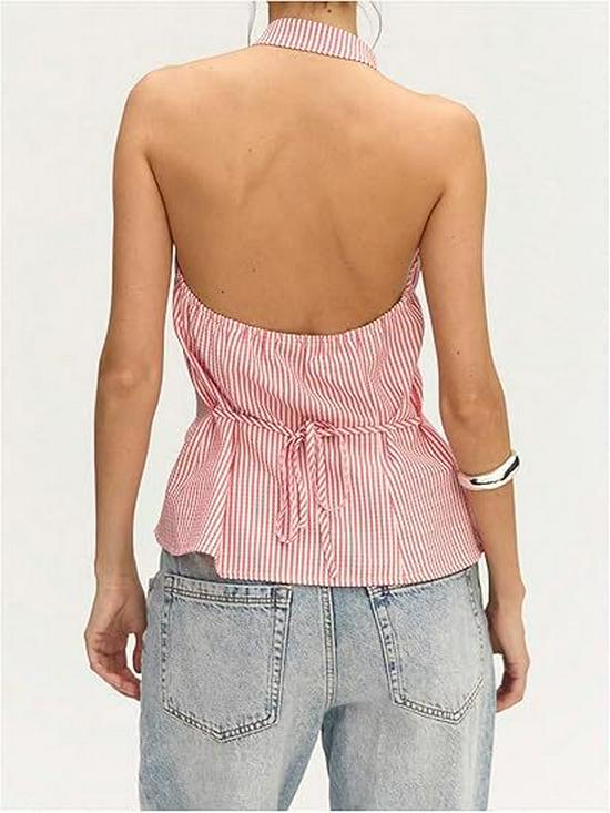 European & American Women's Asymmetrical Hem Striped Front-Tie Strapless Backless Tank Top
