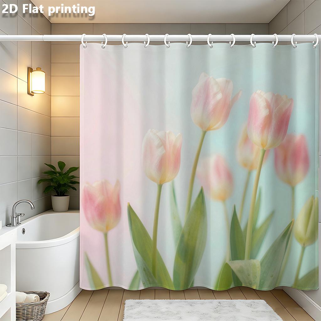 

Pastel Tulip Shower Curtain 1Pc Polyester 2D Flat Print 70.8X70.8 Soft Pink & Light Blue Floral Bloom On Misty Background W60H190(CM)-1 Pcs