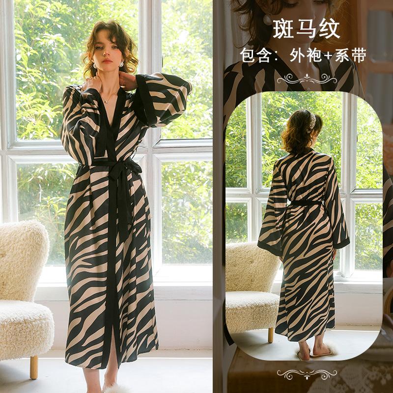 French imitation silk lace-up long light luxury loungewear French retro zebra pattern long-sleeved nightgown women S зебра печати