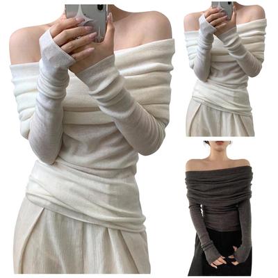 Women's French Line Shoulder Knit Slim-fit Off-the-shoulder Long Sleeve Solid Color Sweater Top