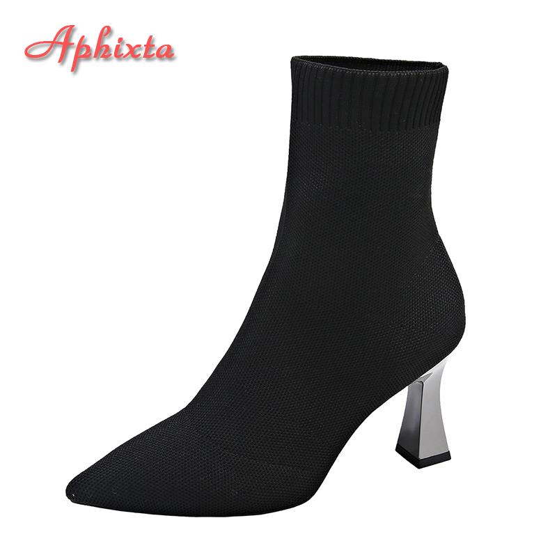 Aphixta Women Winter Autumn Knitted Sock Boots Colorful Eletant High Heel Shoe Stretch Fabric Slip-on Ladies Ankle Boots Size 42