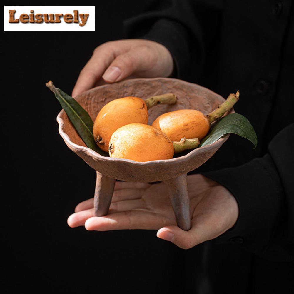 Handmade Coarse Pottery Tripodia Pot Bearing Holder Retro Dry Brew Table Tea Tray Fruit Snack Plate Teaware Supplies Decoration