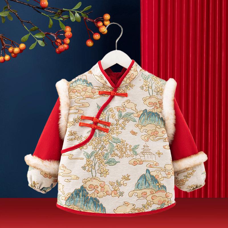 Children's Waterproof Reversible Coveralls: Chinese New Year Style - Autumn/Winter Protective Wear with Bib, Dirt-Resistant.