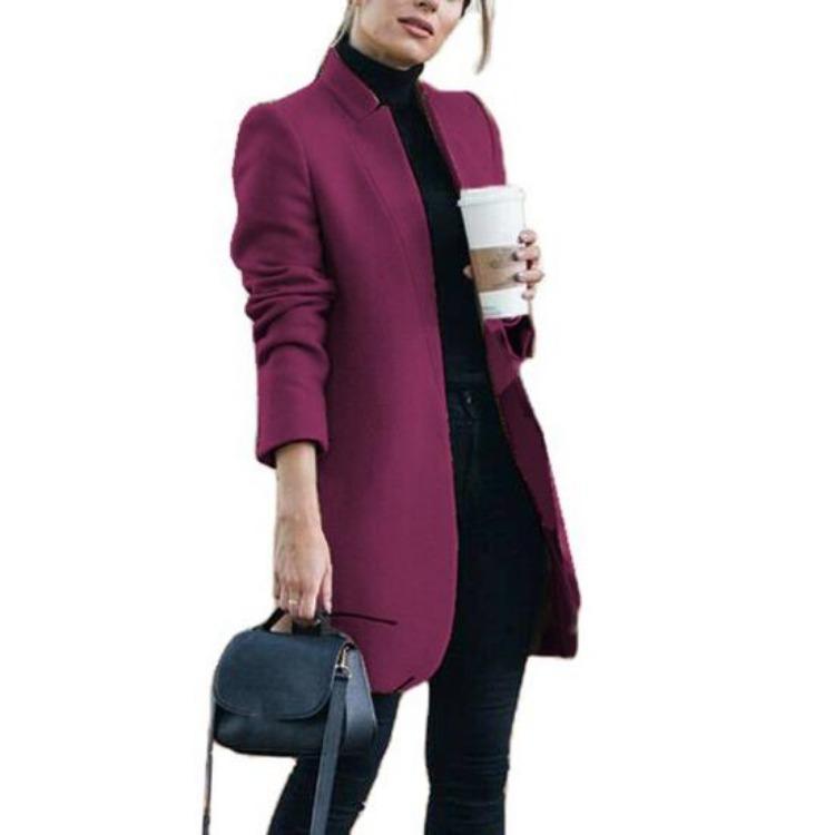 

Womens Wool Coat Mid Length Slim Fit Overcoat Stand Collar Open Stitch Design Long Sleeves Solid Color Fall Spring Formal Commuting OL M фиолетовый