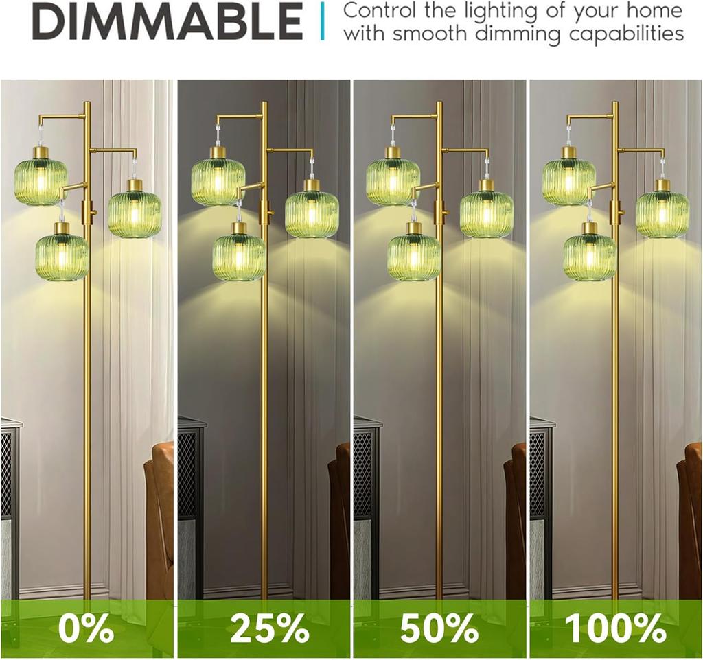 Floor Lamp for Living Room, Dimmable Gold Standing Lamp with Green Glass, 3×600LM LED Included