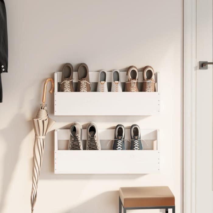 Étagères à chaussures - Blanc - 2 pcs - Bois massif - 59x9x23 cm - Design contemporain