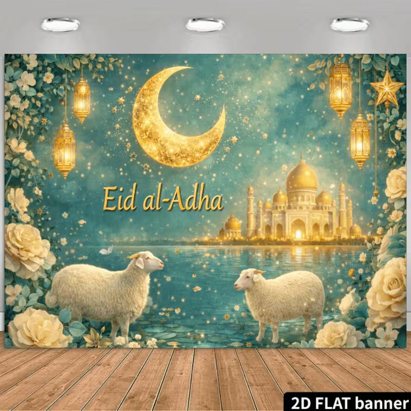 

2D Islamic Eid Festival Backdrop, Teal Floral Golden Moon & White Sheep Party Banner 47.2x31.5inch/120*80cm