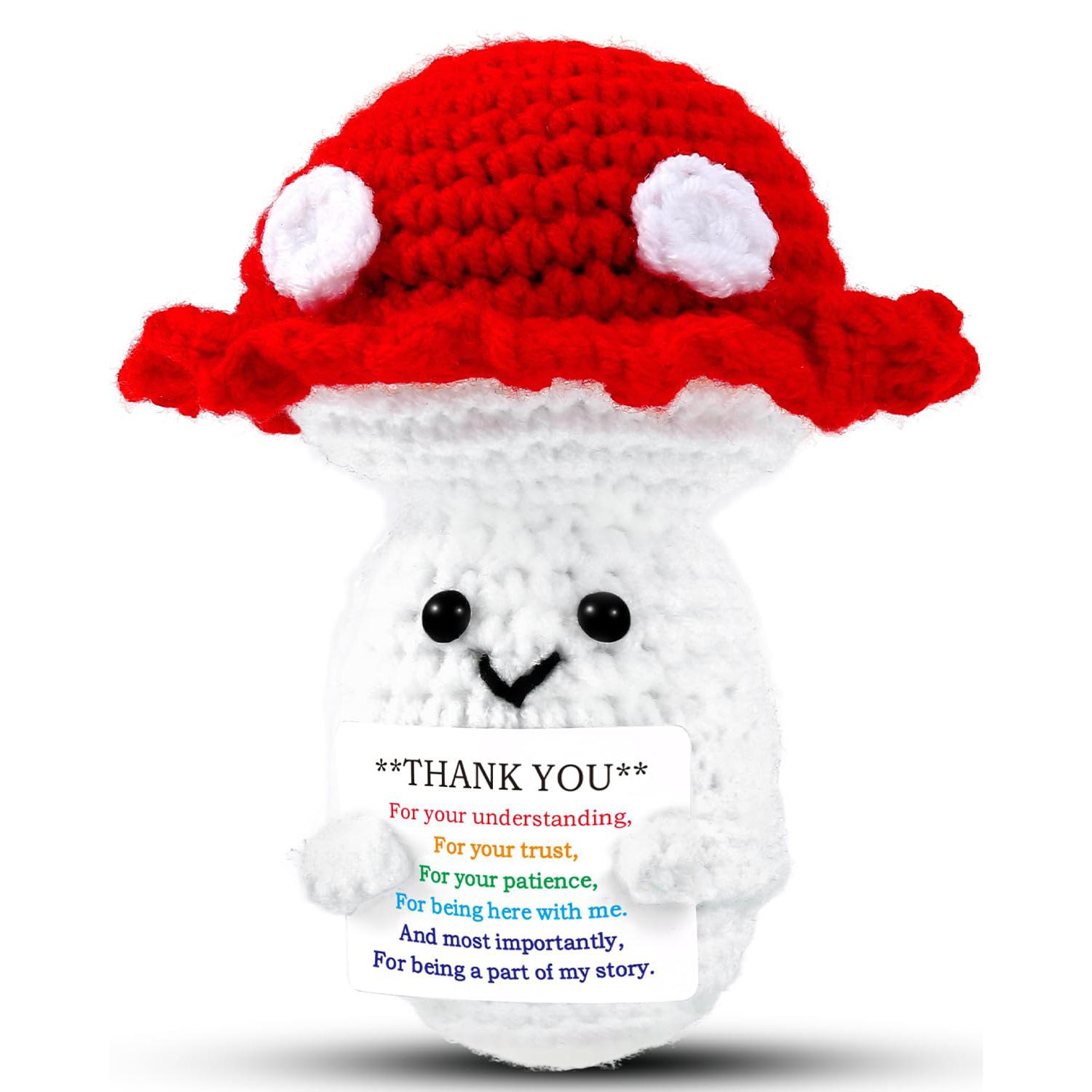 New Crochet Positive Mushroom Emotional Support Cute Crochet Handmade Ornament with Positive Card Cheer Up Gift for Best Friend