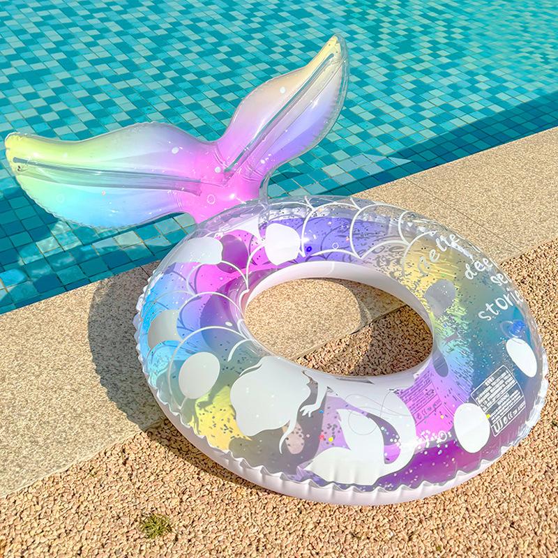 Summer Mermaid Inflatable Swimming Ring Thickened PVC Pool Float Mattress with Crown Floating Ring Seat Toys