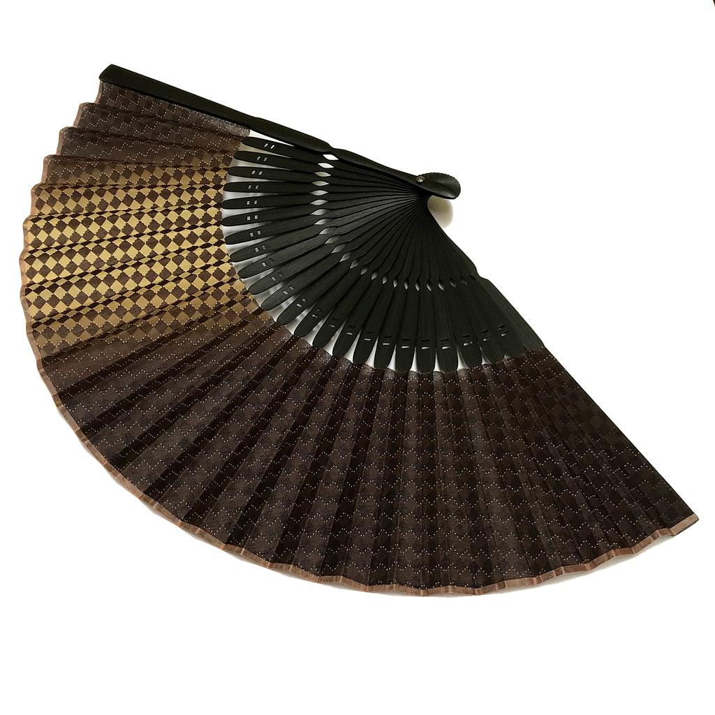 Hanakanzashi Folding Fan with Fan Case and Pouch Black and Brown Cotton Checkered Premium Mosaic 6031 Men's Set, Fabric, Pattern, Large, Quality,